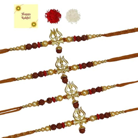 DMS RETAIL Delicate Sober Om Rudraksh Elegant Rakhi for Brother Set of 4 Rakhi for Bhaiya Bhabhi Rakshabandhan With Greetings Card And Roli Chawal