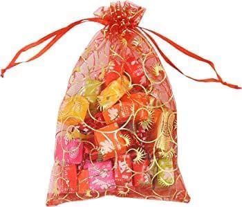 DMS RETAIL RED Net Organza Bags with Drawstring Mesh Bags for Gift |Gold/Golden| Makeup Pouch |Candy | Baby Shower Party, Christmas Festival Packing Sheer Organza Pouches 9X12 CMS Golden Pack Of (80)