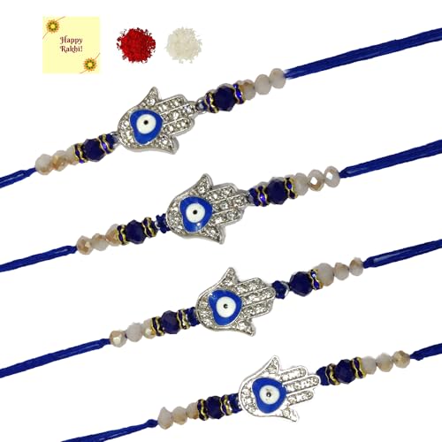 DMS RETAIL Handmade Evil Eye Rakhi Protect From Negative Energy Unisex Evil Eye Rakhi With Beads Handmade Rakhi for Brother/Sister set of 4