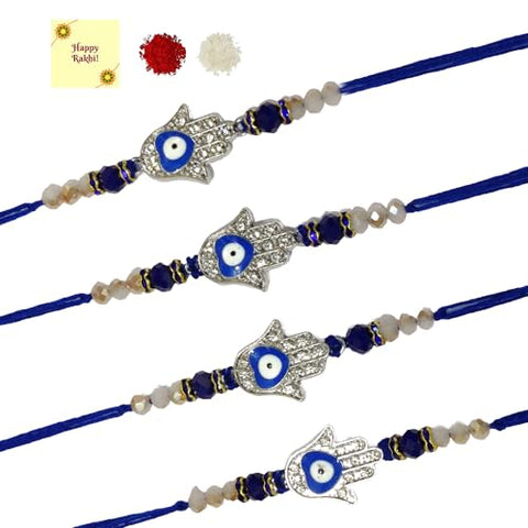 DMS RETAIL Handmade Evil Eye Rakhi Protect From Negative Energy Unisex Evil Eye Rakhi With Beads Handmade Rakhi for Brother/Sister set of 4