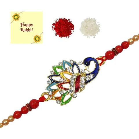 DMS RETAIL Diamond Studded Peacock Bracelet Rakhi for Brother with Roli Chawal Bhaiya Bhabhi Rakhi Set Of 1