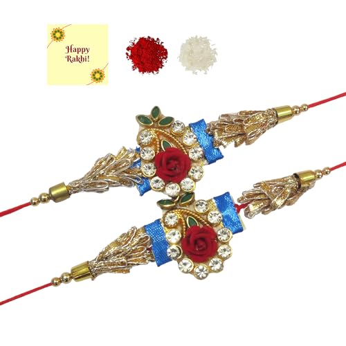 DMS RETAIL Stunning Gold Plated Designer Brother's Rakhi with Roli Chawal and Greeting Card Set Of 2