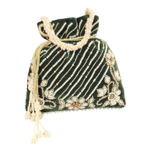 DMS RETAIL Handcrafted with Pearl Handle and Tassels | Embroidered Bridal Clutch for Weddings, Parties, and Gifting | Elegant Drawstring Potli for Women (GREEN)