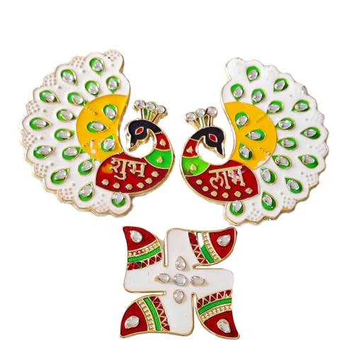 DMS RETAIL Handcrafted Peacock Shape Shubh Labh Stickers for Wall Decoration|Door Entrance Shubh Labh Stickers for Home Floor Decoration