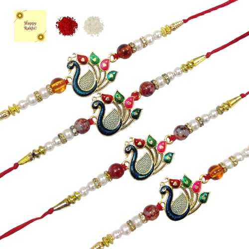 DMS RETAIL Beautiful Handmade Peacock Rakhi With Card For Brother (Pack of 4 Rakhi, Blue,Roli Chawal Greetings Card) Bhaiya rakhi, Rakhi For Brother, Peacock Rakhi, Rakhi Gift For Bhai