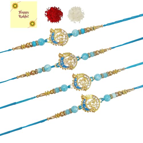 DMS RETAIL Antique Finish Blue Pearl Studded Peacock Veera Metal Rakhi for Brother - Combo Set of 4 Fancy Rakhis for Raksha Bandhan With Roli Chawal And Greetings Card