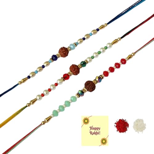 DMS RETAIL Auspicious Rudraksh Rakhi(Pack of 3) with Roli Chawal and Greeting Card for Brother/Bhai/Bhaiya/Kids