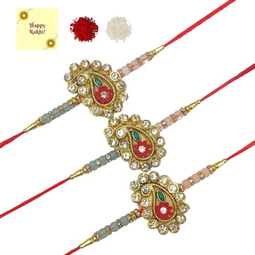 DMS RETAIL Kundan Decorative Rakhi for Brother with Rakshabandhan Greeting Card for Boys Men Combo Of 3 Rakhi Set