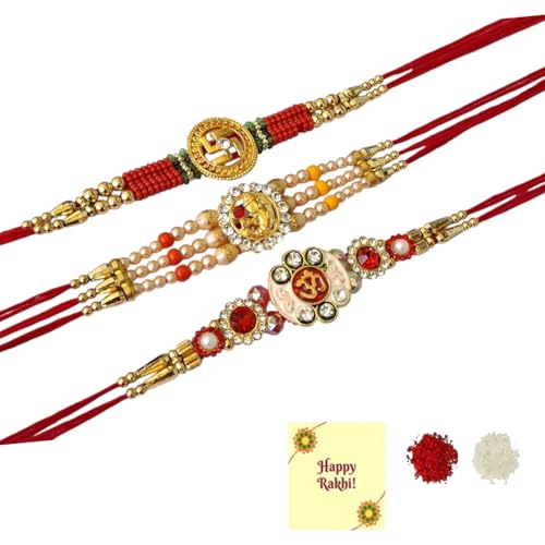 DMS RETAIL Set Of 3 Rakshabandhan Swastik Om Thread Ganesh ji Rakhi with Roli Chawal || Traditional Colorful Moli For Brother and Sister Greetings Card