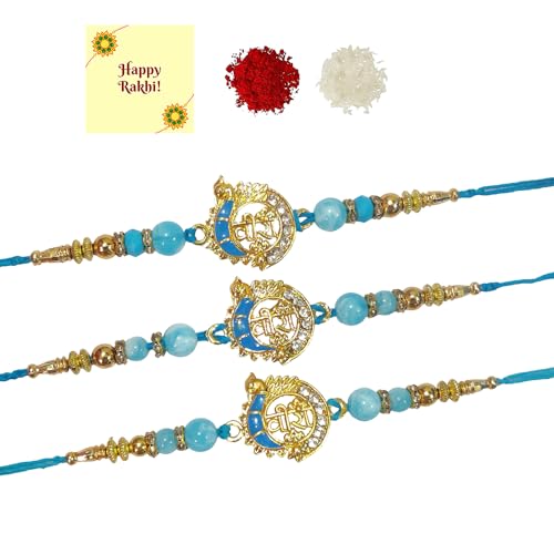 DMS RETAIL Veera Diamond Studded Peacock Traditional Rakhi for Brother Diamond Studded Veera Rakhi For Brother With Roli Chawal Chandan For Bhaiya - Pack of 3