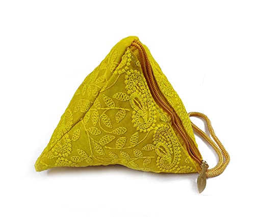 DMS RETAIL Lucknowi Embroidered Potli Bags in Samosa Shape Potli Pouches, Return Gifts for Women, Shagun Potli Purse for Gifting, Potli Bags for Ladies (Yellow)