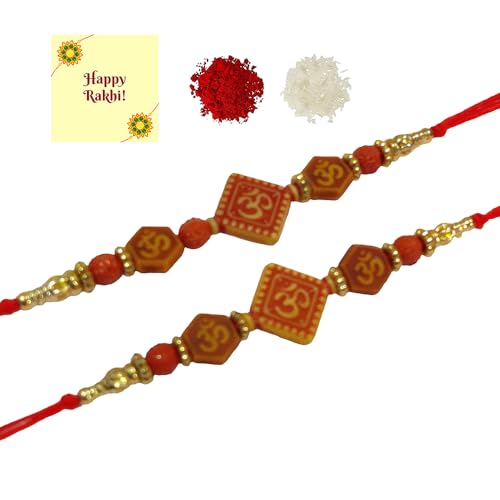 DMS RETAIL Mens Rakshabandhan Combo Set Of 2 Auspisious OM Rakhi Bracelet- Rakhi For Brother, Bhaiya, Bhai With Greetings Cards And Roli Chawal