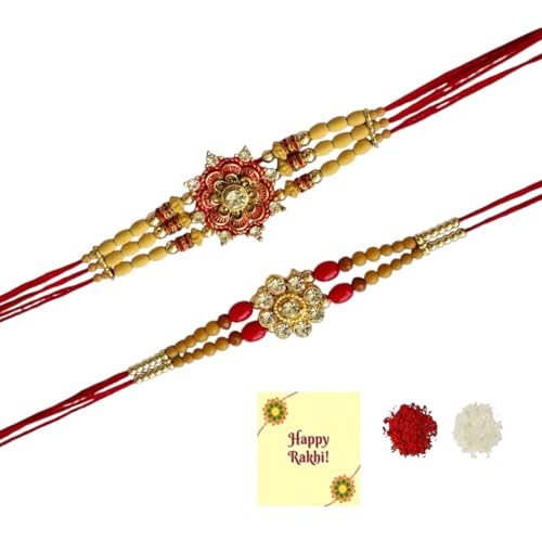 DMS RETAIL Elegant Gold Plated Designer Floral Rakhi Combo (Set of 2) with Roli Chawal and Raksha Bandhan Greeting Card For Men
