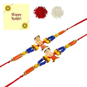 DMS RETAIL Kids Rakhi For Brother With Roli Chawal With Geetimgs Card And Roli Chawal Set Of 2 Rakhi