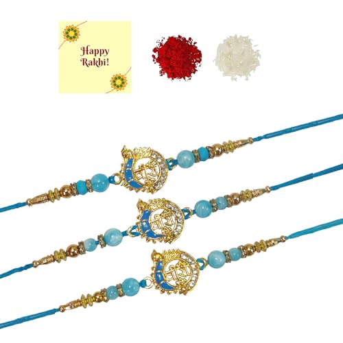 DMS RETAIL Veera Diamond Studded Peacock Traditional Rakhi for Brother Diamond Studded Veera Rakhi For Brother With Roli Chawal Chandan For Bhaiya - Pack of 3