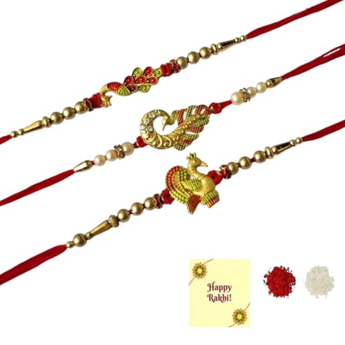 DMS RETAIL Peacock Rakhi for Brother Mor Pankh Rakhi for Bhaiya Set of 3 for Bhai Boy Kids Combo for Rakshabandhan, with Fridge Magnet for Door Decor