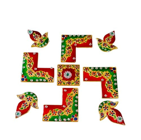 DMS RETAI Metal Swastik Handcrafted Decorative Rangoli Set for Floor Decoration for Diwali Puja Functions, Multicolor, Floor Decoration Table Decoration 9 pcs 10 Inches