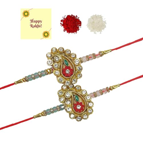 DMS RETAIL Set Of 2 Heavenly Kundan Designer Gold Plated Premium Rakhi for Brother With Roli Chawal & Greeting Card | Rakhi for Bhaiya | Rakhi for MEN | Kundan Rakhi |