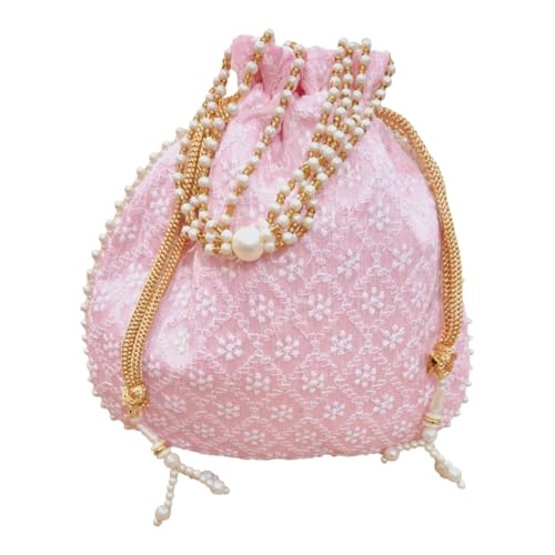 DMS RETAIL Chikankari Pattern Moti Handle Royal Batwa Bag Bridal Purse Women handbag Shagun Pouch Return Gifts for Ladies Women Wedding Return Gift Bags