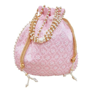 DMS RETAIL Chikankari Raw Silk drawstring Rajasthani Style Potli bags, Royal Clutch, Bridal Purse for Wedding, Batwa Bag, Shagun Potli Purse for Women, Potli bag for ladies return gift