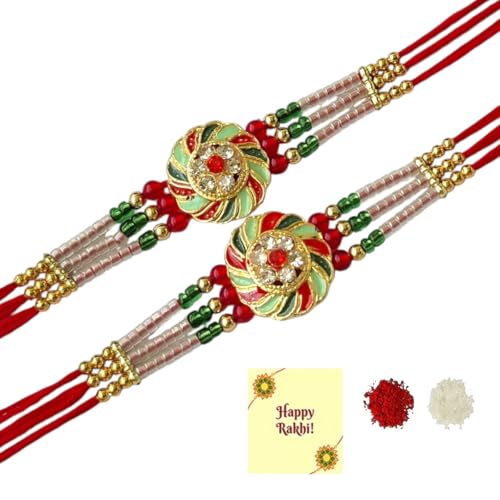 DMS RETAIL Rakshabandhan Kundan Rakhi Set for Brother Bhabhi Kids with Greeting Card,Stone Rakhi WIth Roli Tilak And Greetings Card