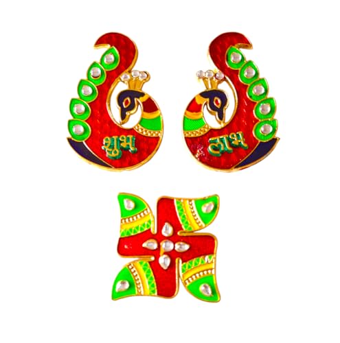 DMS RETAIL Fancy Peacock Handmade Shubh Labh Swastik Sticker for Wall Decoration Shubh Labh Door Decoration for Diwali Decoration Floor Door Hanging 3 Peice 5 Inches