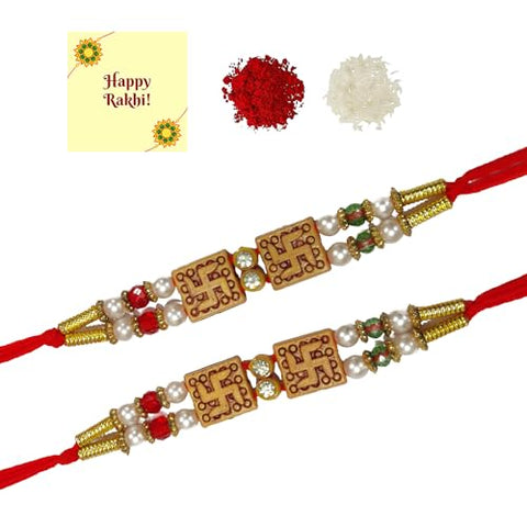 DMS RETAIL Multicolor Diamond and Rudraksh Bracelet Rakhi for Brother Bhaiya Bhabhi Rakhi Pack of 2 Swastik Rakhi With Roli Chawal And Greetings Card