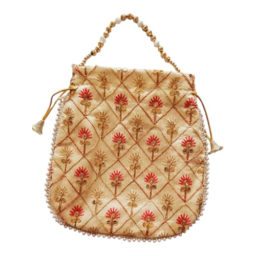 DMS RETAIL Women's Embroidered Potli | Ladies Purse Handbag Purses for Women,Wedding, Housewarming, Corporate Gifts, Anniversary Baby Shower Return Gifts (RED)