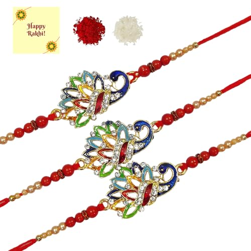 DMS RETAIL Multicolor Pearl And Diamond Studded Rakhi For Brother Rakhi Bracelet For Brother Pack Of 3 Peacock Rakhi With Roli Chawal And Greetings Card