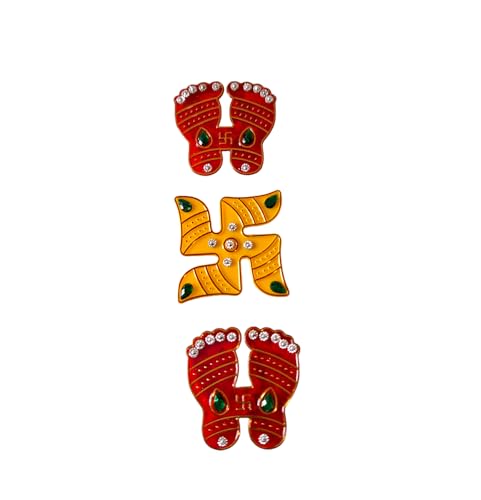 DMS RETAIL Acrylic Laxmi Feet Swastik Sticker for Wall Decoration, Diwali Decoration Floor Decoration Yellow and Red 3 Pcs 2 Inches