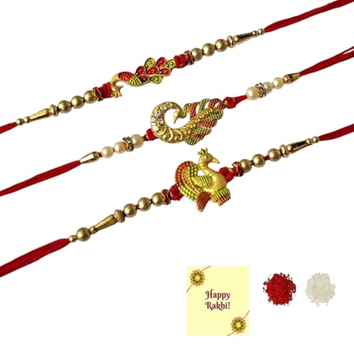 DMS RETAIL Peacock Rakhi for Brother Mor Pankh Rakhi for Bhaiya Set of 3 for Bhai Boy Kids Combo for Rakshabandhan, with Fridge Magnet for Door Decor