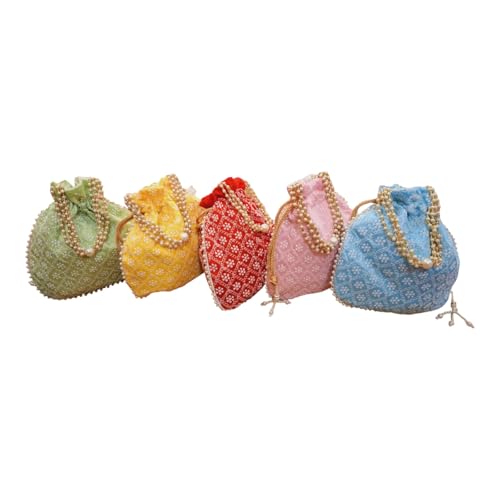 DMS RETAILHandmade Embroidery Beads & Thread Work Potli | Silk Embroidered Women Wristlet Bag | Wallet Clutch Bag | Thread Work Purse | Batwa Bags for Return Gifts | Drawstring Potli