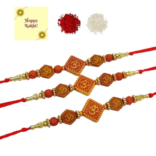 DMS RETAIL Purely Divine Om Rakhi Bracelet for beloved brothers Bhaiya, Bhai With Greetings Card With Roli Chawal Set Of 3 Rakhi