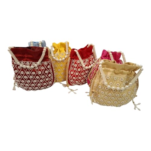 DMS RETAIL Handmade Embroidery Potli | Embellished Satin Wristlet Bag for Women & Girls | Batwa Wallet | Clutch Bags for Return Gifts | Drawstring Closure Potli|Pearl Potli
