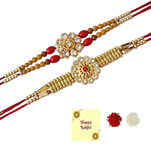 Set Of 2 Multicolor Beautiful Floral Designer Kundan Rakhi with Roli