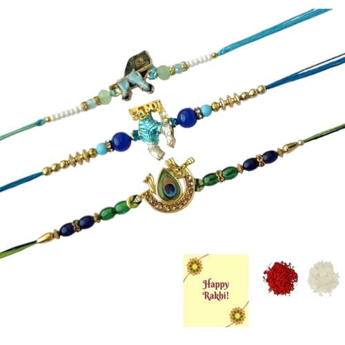 DMS RETAIL Set of 3 Multicolor Krishna Peacock Feather Designer Religious Rakhis with Roli Chawal Greetings Card