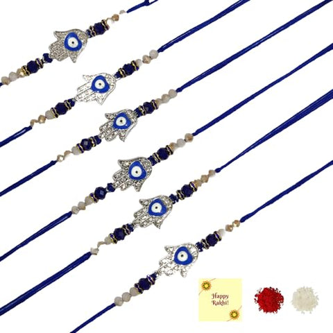 DMS RETAIL Rakshabandhan Hamsa Shape Enamel Evil Eye Rakhi With Roli Chawal For Bhaiya/Brother/Bro/Men/Boys/Kids Combo Of 6 Rakhi