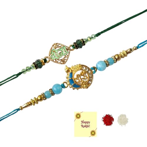 DMS RETAIL Veera Diamond Studded Peacock Traditional Rakhi for Brother Diamond Studded Veera Rakhi For Brother With Roli Chawal Chandan For Bhaiya - Pack of 2