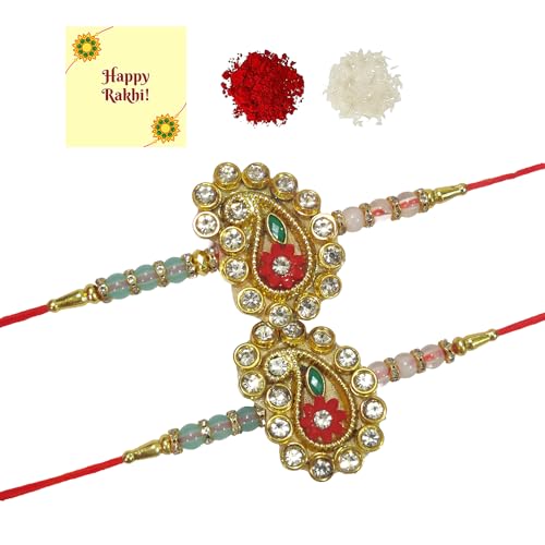 DMS RETAIL Set Of 2 Heavenly Kundan Designer Gold Plated Premium Rakhi for Brother With Roli Chawal & Greeting Card | Rakhi for Bhaiya | Rakhi for MEN | Kundan Rakhi |