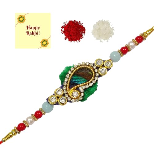 DMS RETAIL Designer Diamond Studded Kundan Rakhi For Brother With Greetings Card And Roli Chawal Set OF 1