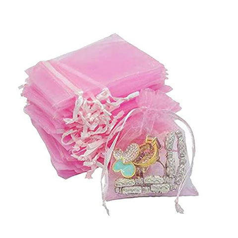 DMS RETAIL Return Favors Organza Bags Jewellery Packing Dry Fruit Pouch Organza Party Favor Gift Bags, Women's Net Potli Bags for Return Gifts Pack OF 50 PINK (17X23 CMS)