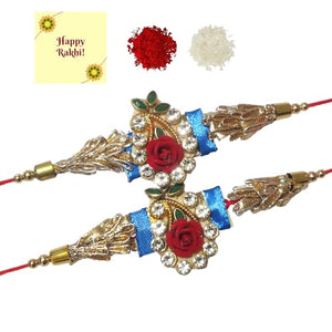 DMS RETAIL Stunning Gold Plated Designer Brother's Rakhi with Roli Chawal and Greeting Card Set Of 2