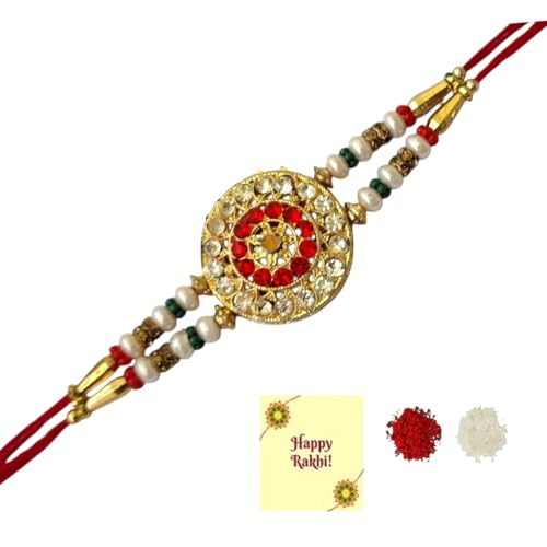 DMS RETAIL Kundan Designer Gold Plated Rakhi for Brother With Roli Chawal & Greeting Card | Kundan Rakhi |
