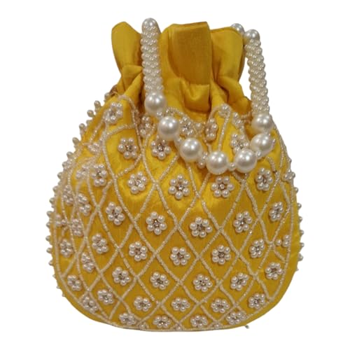 DMS RETAIL Handmade Embroidery Potli | Embellished Satin Wristlet Bag for Women & Girls | Batwa Wallet | Clutch Bags for Return Gifts | Drawstring Closure Potli|Pearl Potli