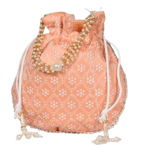 DMS RETAIL Chikankari Pattern Moti Handle Royal Batwa Bag Bridal Purse Women handbag Shagun Pouch Return Gifts for Ladies Women Wedding Return Gift Bags