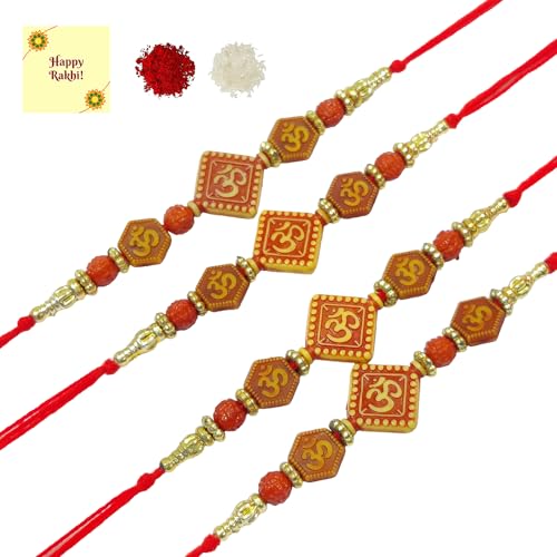 DMS RETAIL Set Of 4 Rakhi Set For Brother Om Rakhi Set For Brother With Roli Chawal And Greetings Card