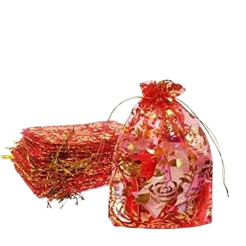 DMS RETAIL RED Net Organza Bags with Drawstring Mesh Bags for Gift |Gold/Golden| Makeup Pouch |Candy | Baby Shower Party, Christmas Festival Packing Sheer Organza Pouches 9X12 CMS Golden Pack Of (80)