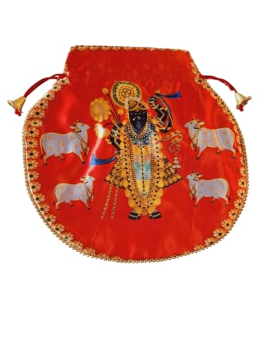 DMS RETAILShreenathji Potli | Shagun Pouch | Wedding Giveaways | Silk Potli With Belt In Shrinath Ji Design
