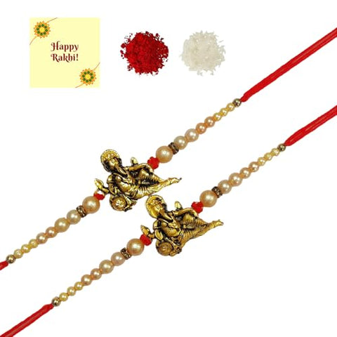 DMS RETAIL Combo of 2 Ganesh Rakhi Set for Brother with Roli Chawal and Greetings card