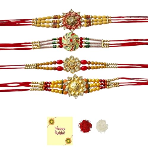 DMS RETAIL Pearls Embellished Thread Rakhi For Brother|Pack Of 4|Rakhi Special With Roli Tilak And Greetings Card